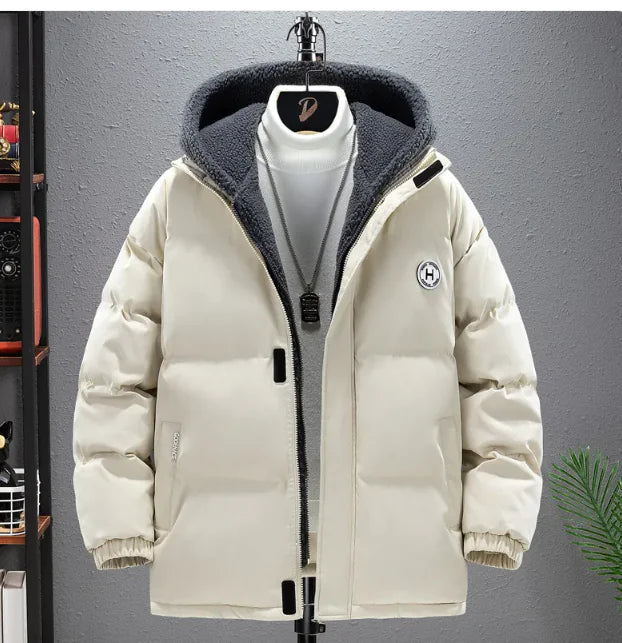 Men's padded cotton jacket with thick hood warm