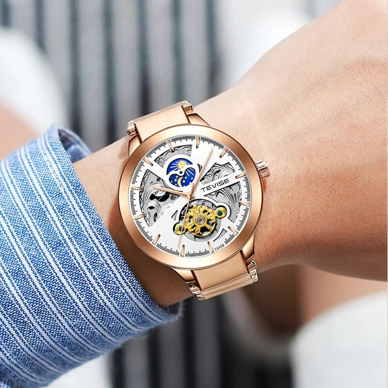 Luxury Men's Luxury Skeleton Mechanical Watch Dual Time Zone Tourbillion Automatic Watch Genuine Leather Strap Moon Phase