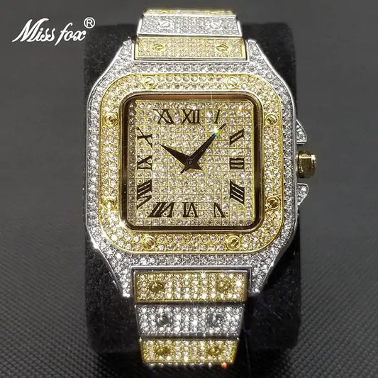 Men's Diamond Square Watches Luxury Fashion Ice Out Bling Skeleton Clock Hip Hop Shiny Silver Waterproof Watch