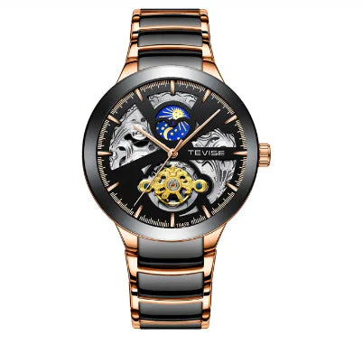 Luxury Men's Luxury Skeleton Mechanical Watch Dual Time Zone Tourbillion Automatic Watch Genuine Leather Strap Moon Phase