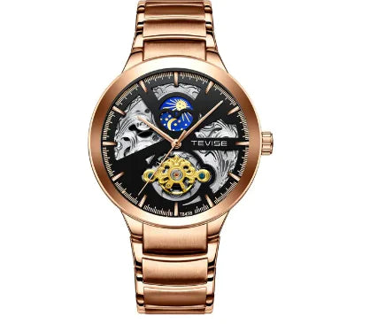 Luxury Men's Luxury Skeleton Mechanical Watch Dual Time Zone Tourbillion Automatic Watch Genuine Leather Strap Moon Phase