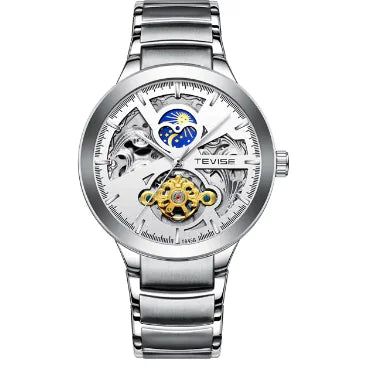 Luxury Men's Luxury Skeleton Mechanical Watch Dual Time Zone Tourbillion Automatic Watch Genuine Leather Strap Moon Phase