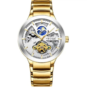 Luxury Men's Luxury Skeleton Mechanical Watch Dual Time Zone Tourbillion Automatic Watch Genuine Leather Strap Moon Phase