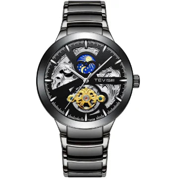 Luxury Men's Luxury Skeleton Mechanical Watch Dual Time Zone Tourbillion Automatic Watch Genuine Leather Strap Moon Phase