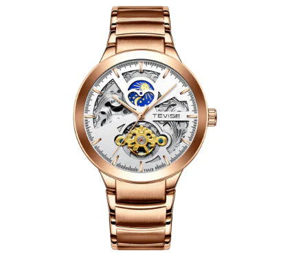 Luxury Men's Luxury Skeleton Mechanical Watch Dual Time Zone Tourbillion Automatic Watch Genuine Leather Strap Moon Phase