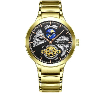 Luxury Men's Luxury Skeleton Mechanical Watch Dual Time Zone Tourbillion Automatic Watch Genuine Leather Strap Moon Phase